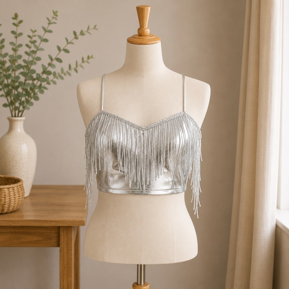 Metallic Fringe Crop Top Womens M Silver Beaded‎ Festival Rave Party
